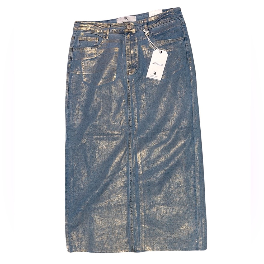 Metallic Blue Denim Maxi Skirt Size 7/28 Fallen Angel